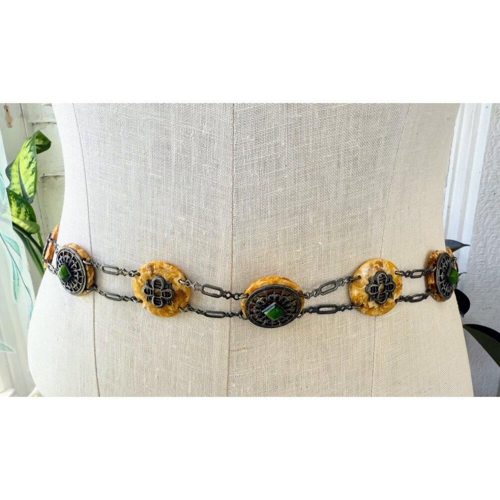 Antique 30's Celloid Circles Green Glass Silverplate women's Link Belt/Necklace - Picture 5 of 16
